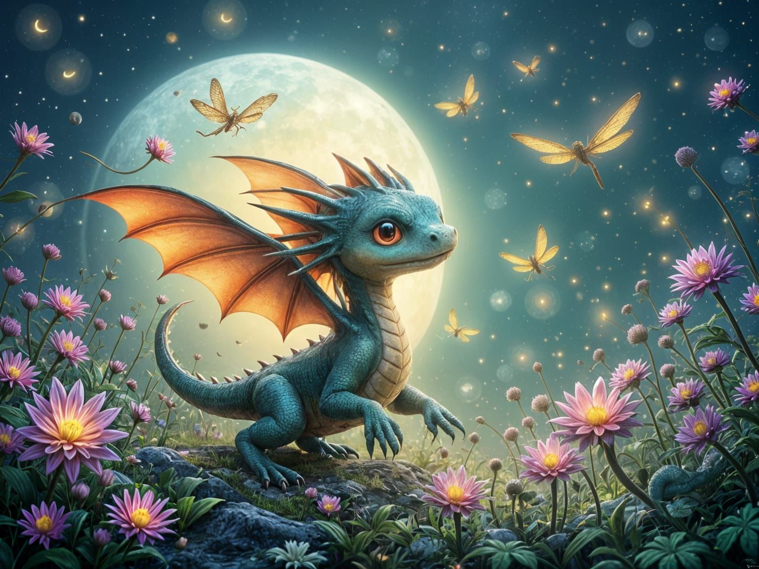 Cute Baby Dragon Chasing Dragonflies Under Moonlight