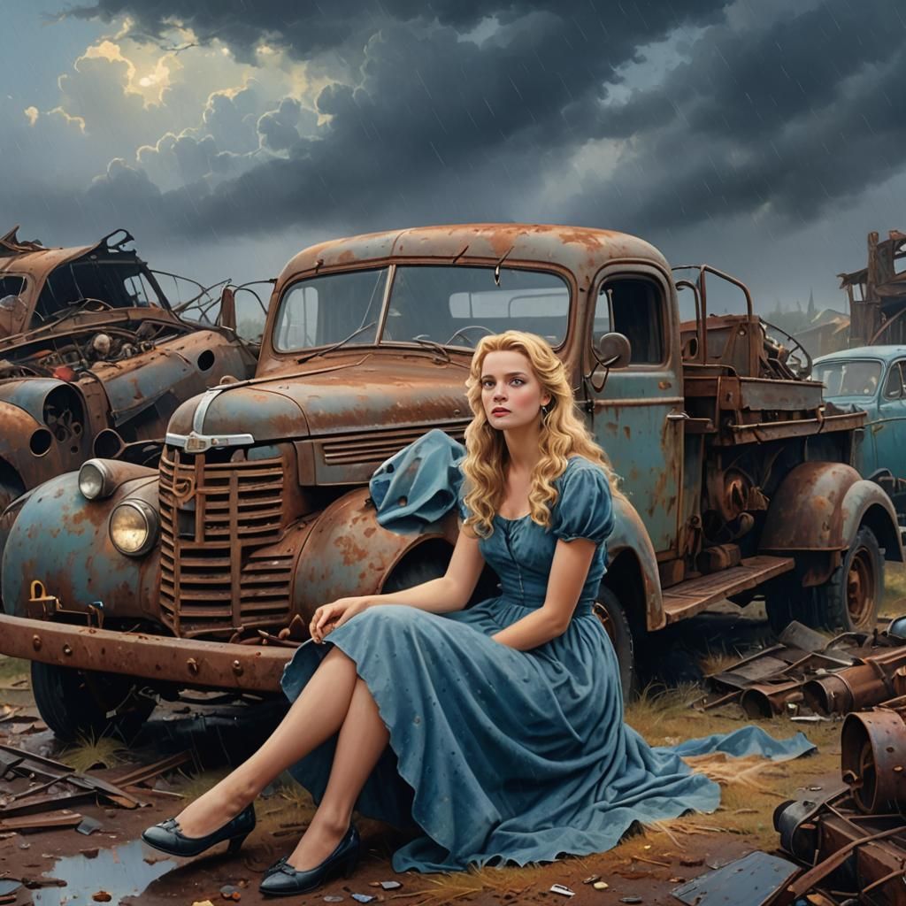 Vintage Truck with Woman in Rainy Scrapyard