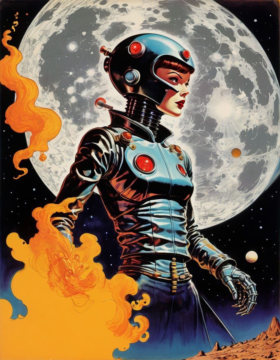 Giantess Robot Woman Speeds Down Retro-Futuristic Street