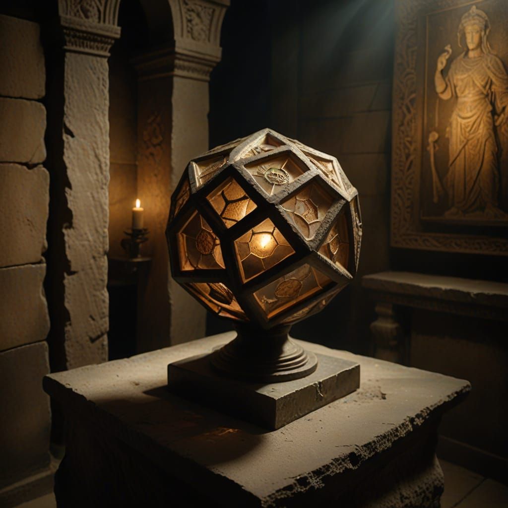 Ancient Roman Dodecahedron Bronze Sculpture in Dimly Lit Cha...