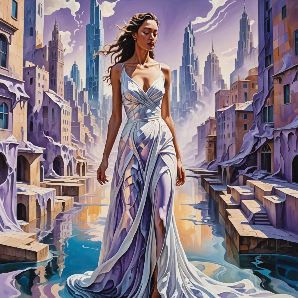Dreamlike Cityscape with Woman in Surrealist Style