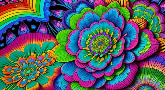 Kaleidoscopic Garden Bursting with Vibrant Floral Patterns
