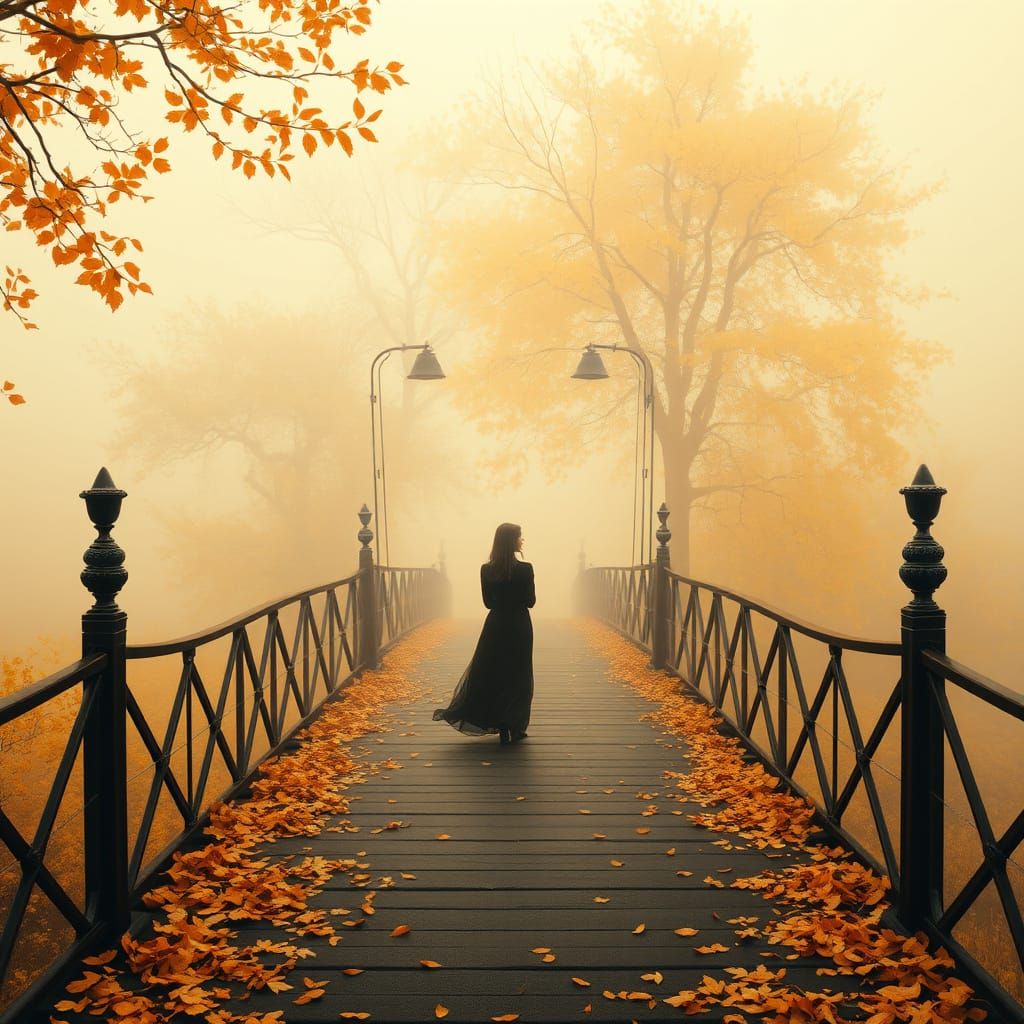 Woman Lost in Autumnal Bridge of Memories
