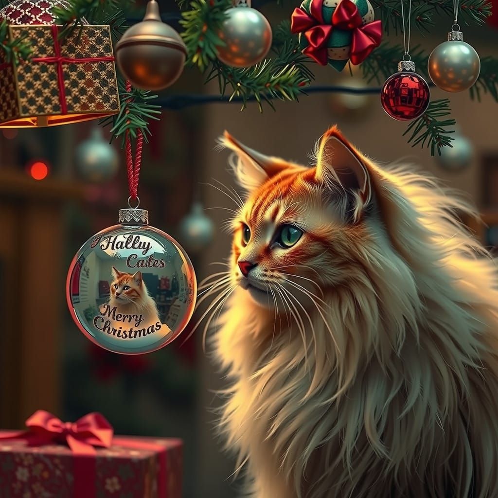 Long Haired Cat admires Christmas Tree Reflections