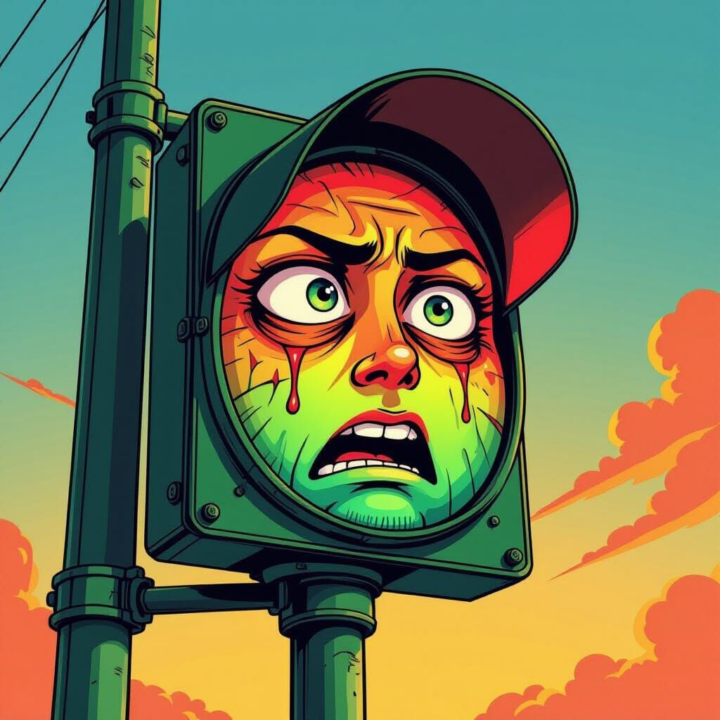 Worried Traffic Light in Comic Book Art Style