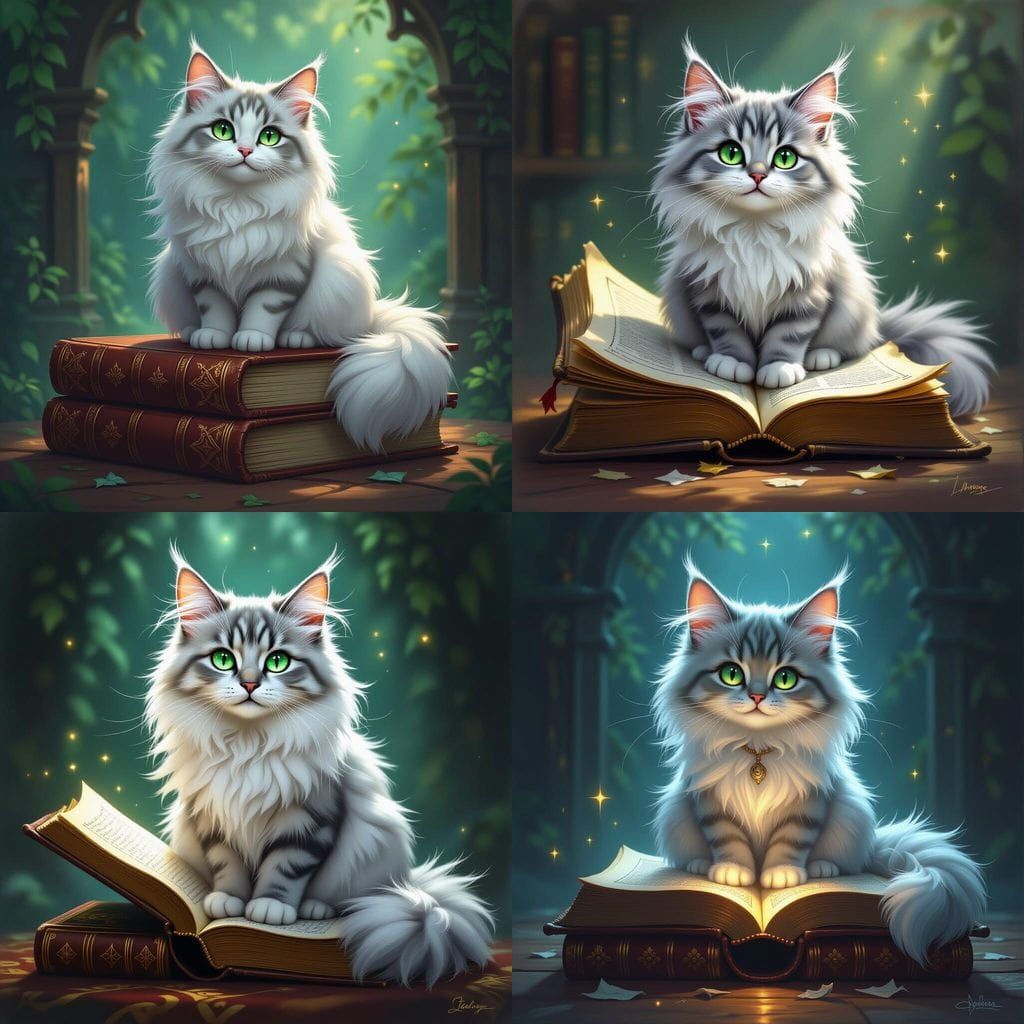 Cartoon Cat on Magical Tome in Oil Painting Style