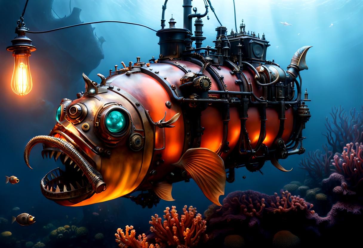 Steampunk Anglerfish Lantern in Coral Reef: Digital Art