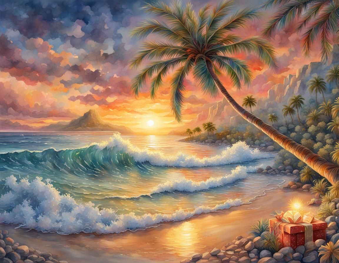Christmas Palm Tree on Hawaii Beach, Watercolor Art