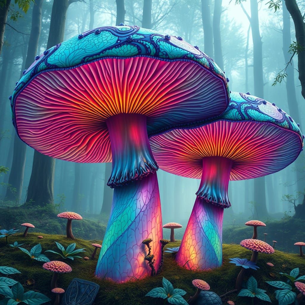 Glowing Emerald Gingham Mushrooms in an Ethereal Forest