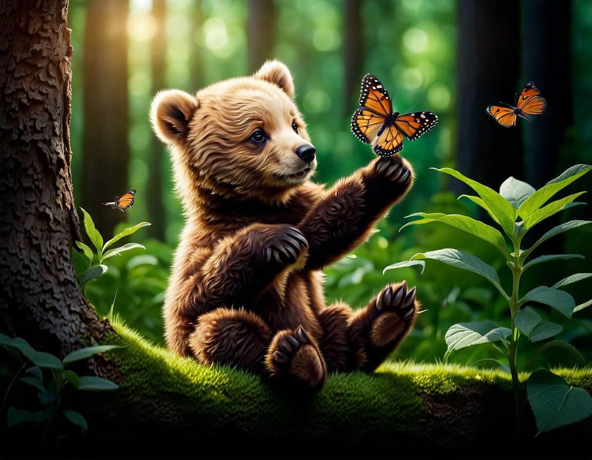 Cute Bear Cub and Butterfly in Forest