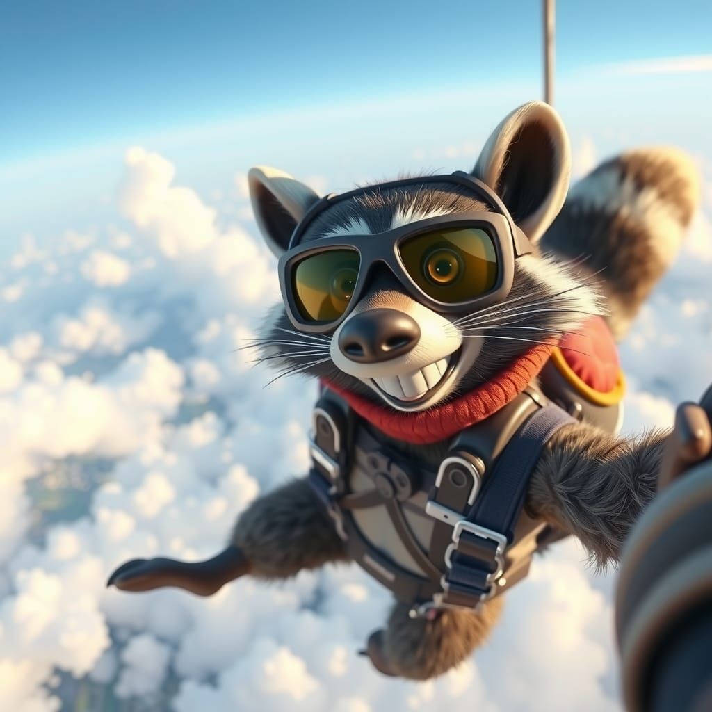 Skydiving Raccoon Claymation Selfie in CGI Style