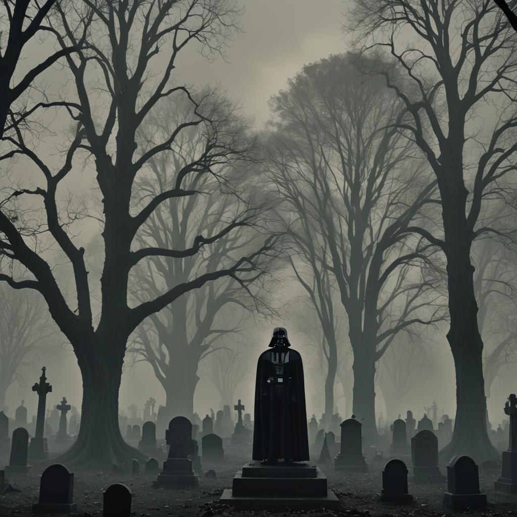 Darth Vader Mourns in Gloomy Graveyard Film Still
