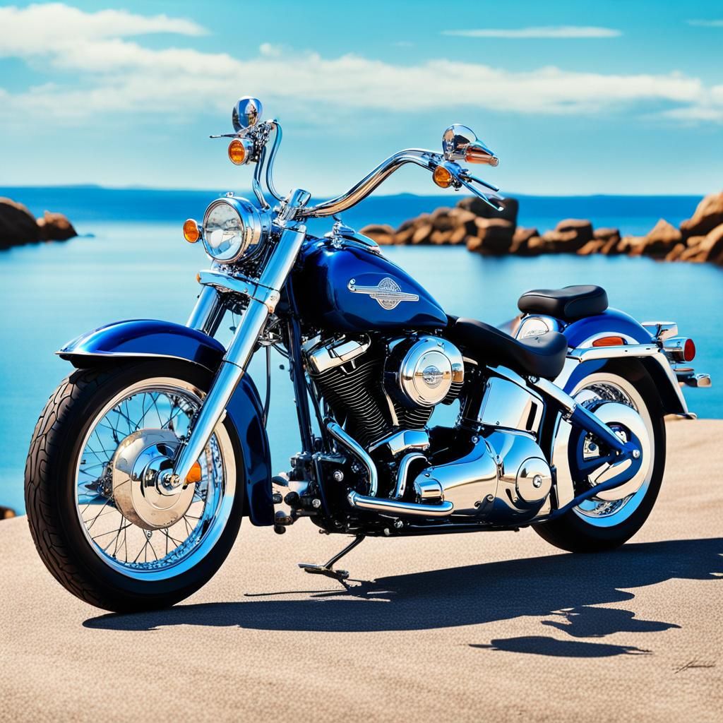 Blue Harley-Davidson Softail Motorcycle on Sea Landscape