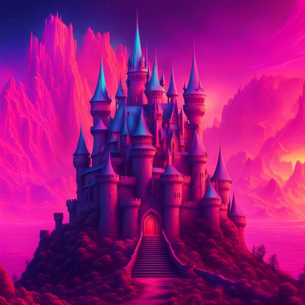 Psychedelic Dragon Guards Fantasy Castle in Synthwave Style