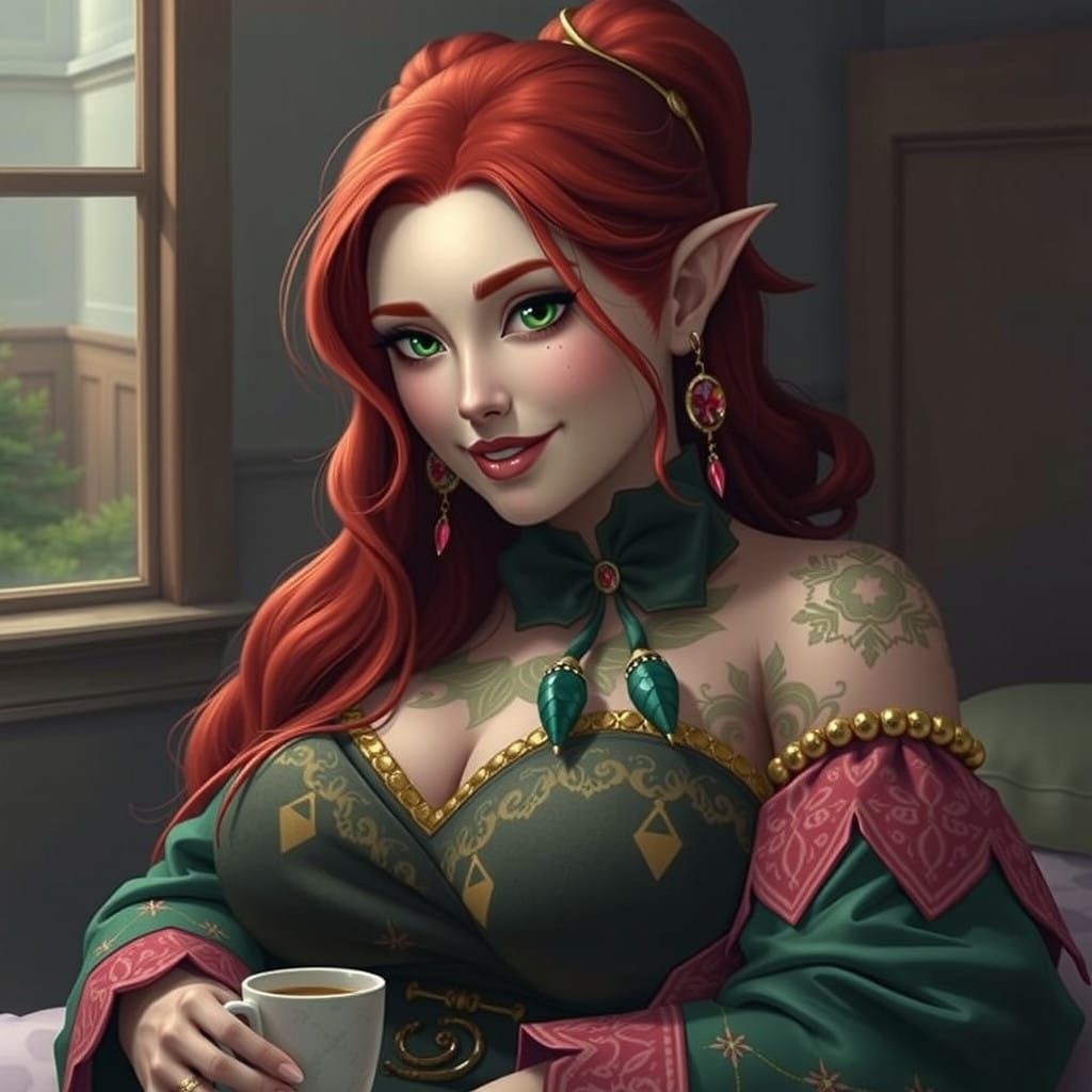 Sensual Christmas Elf in Festive Attire Sips Coffee