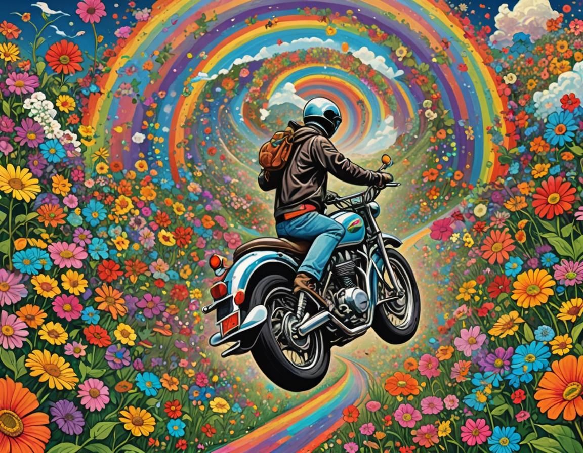 Flower Motorcycle on Rainbow Road in Psychedelic Art