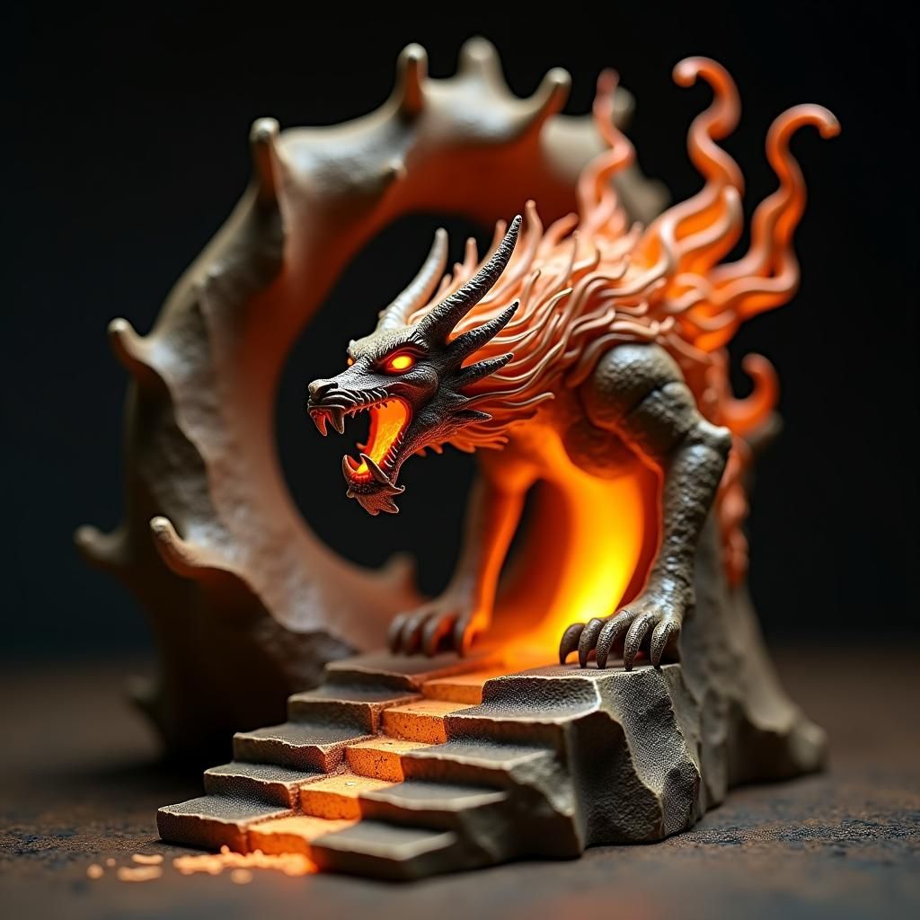 Flaming Balrog Wood Figurine on Stone Path