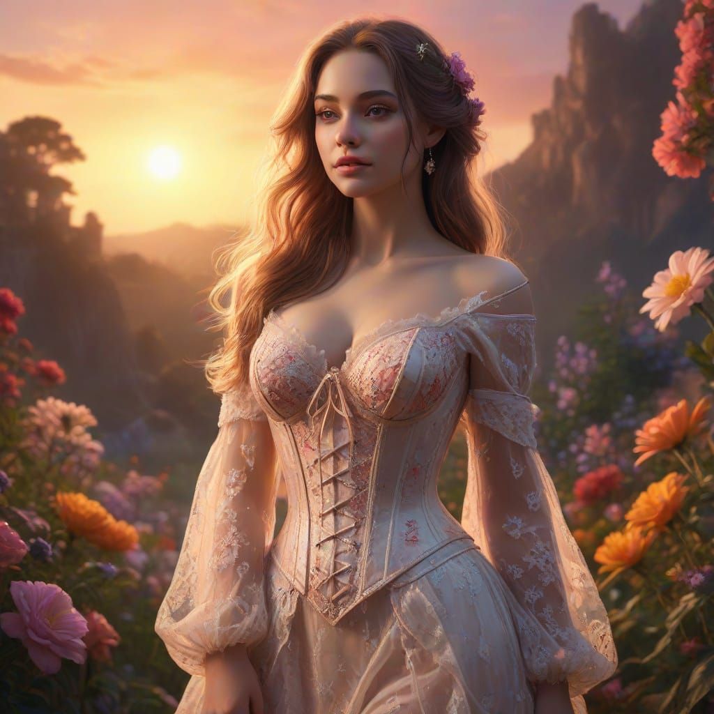 Ethereal Fantasy Maiden Amidst Vibrant Blooms in Dreamy Land...