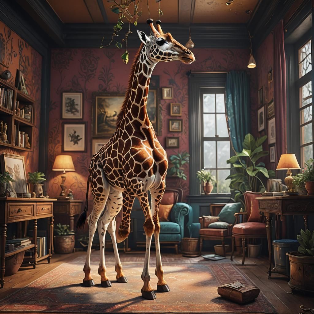 Baby Giraffe in Living Room: Fantasy Concept Art