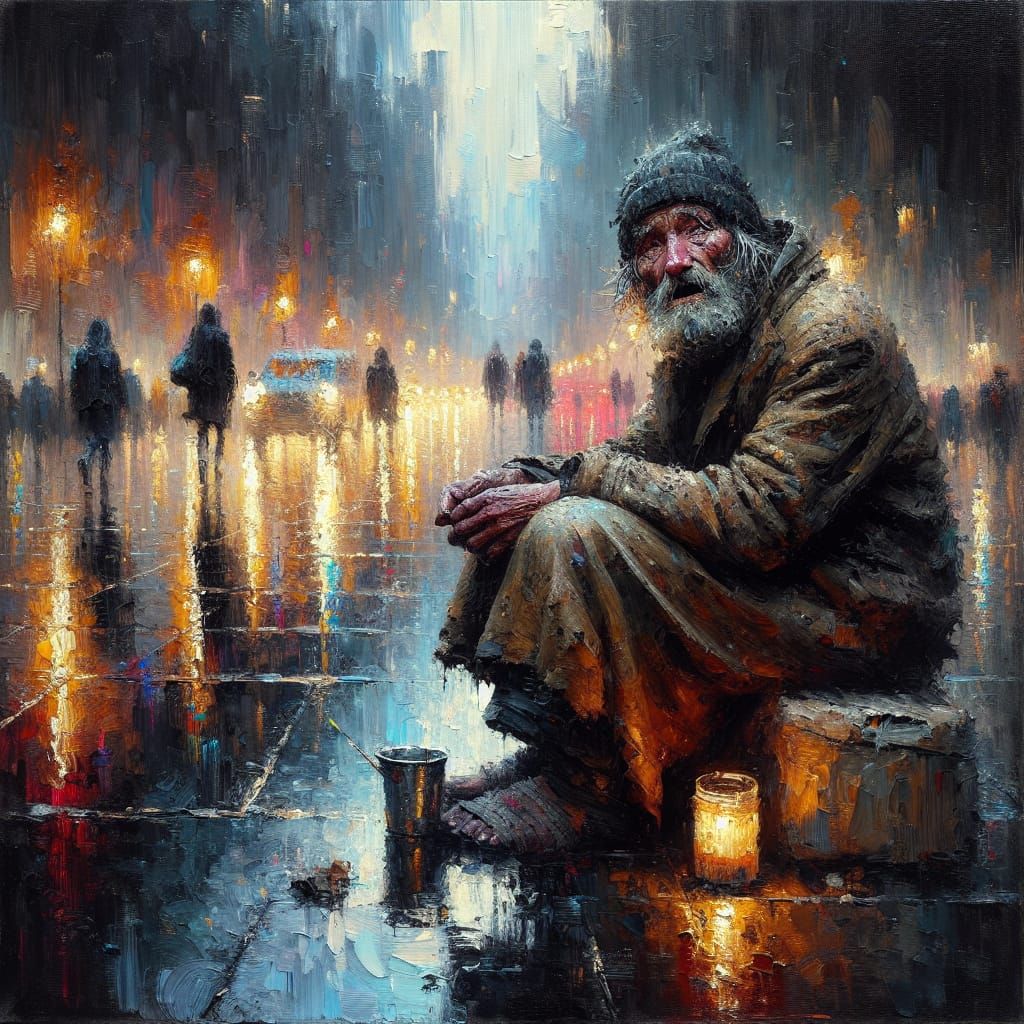 Homeless Man on Rainy Street: Impressionistic Realism