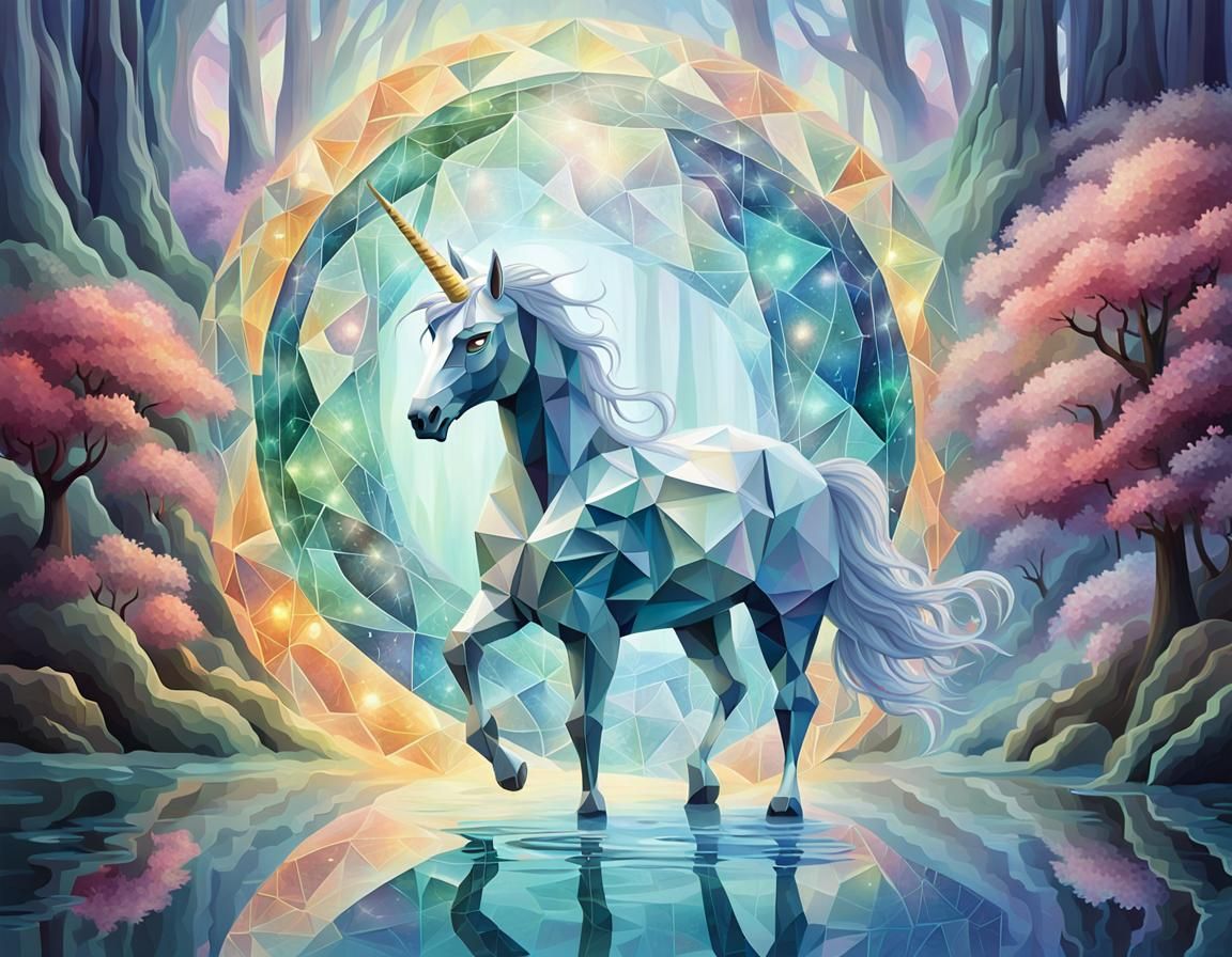 Crystalline Unicorn Enters Magical Portal in Cubism Style