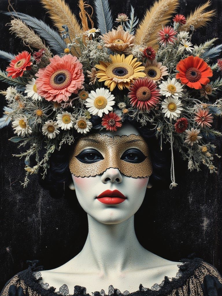 Woman with Floral Carnival Mask in Klimt Style