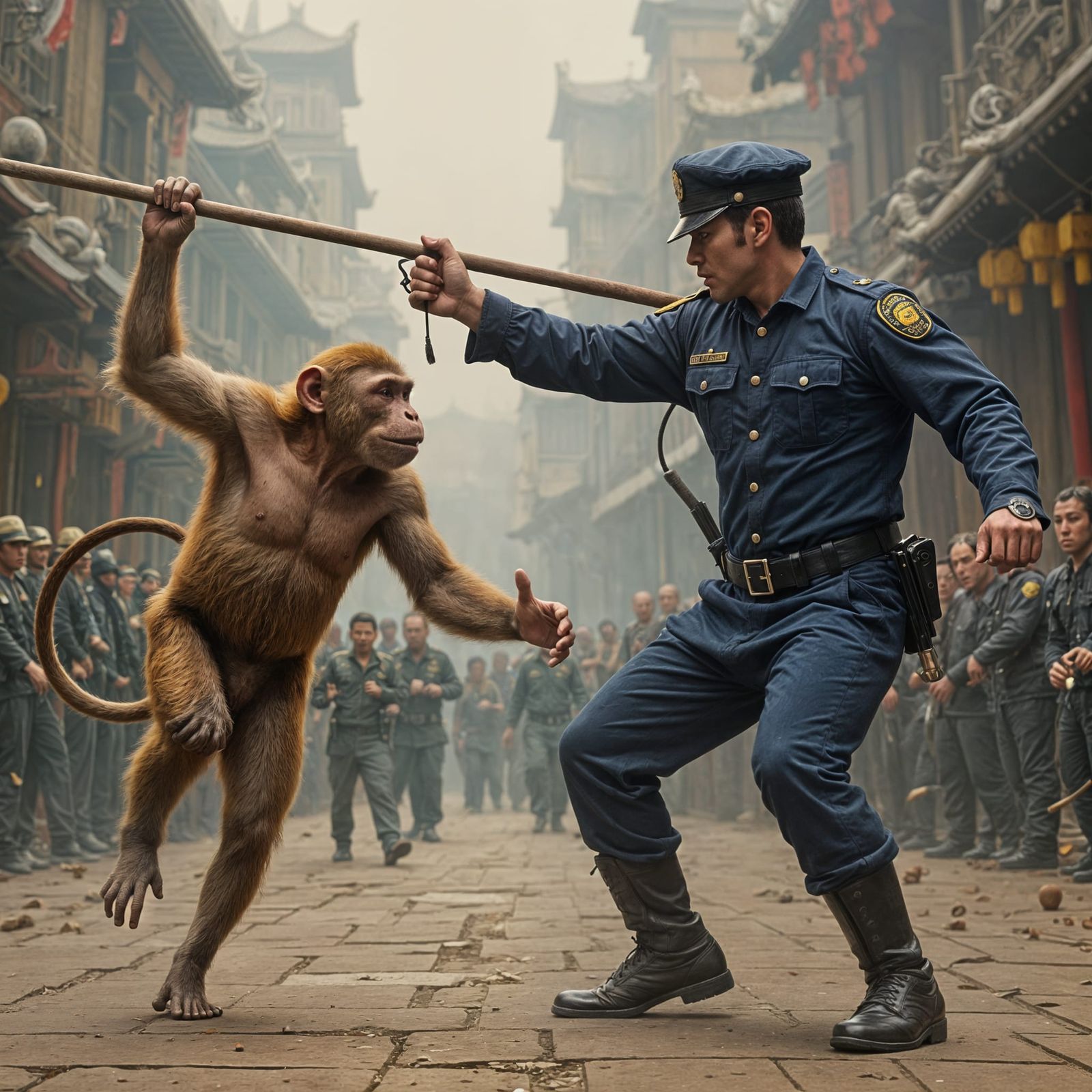 Kung Fu Monkey Fights Policeman in Epic Matte Painting