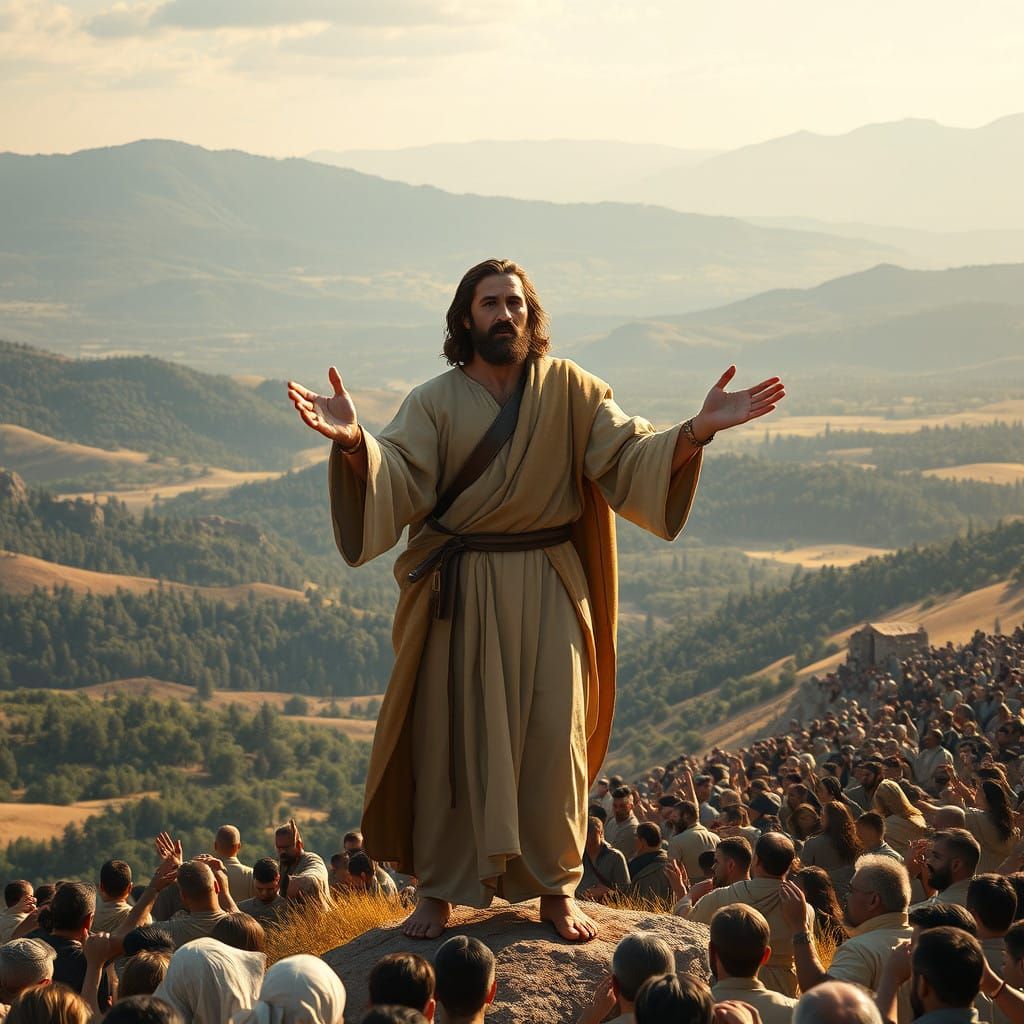 Strong, Wise Rabbi Jesus Teaches Thousands on a Hill in Trad...