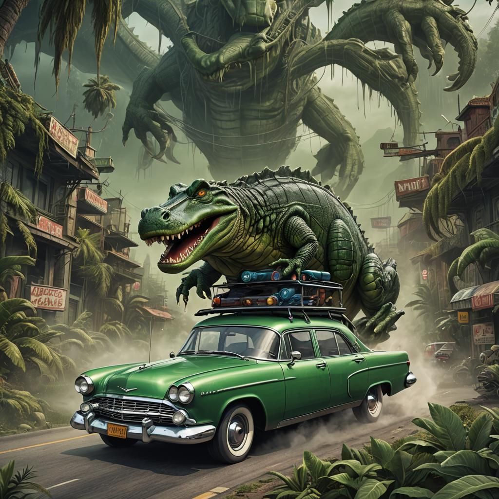 Cartoon Alligator Offers Free Rides in Green Car