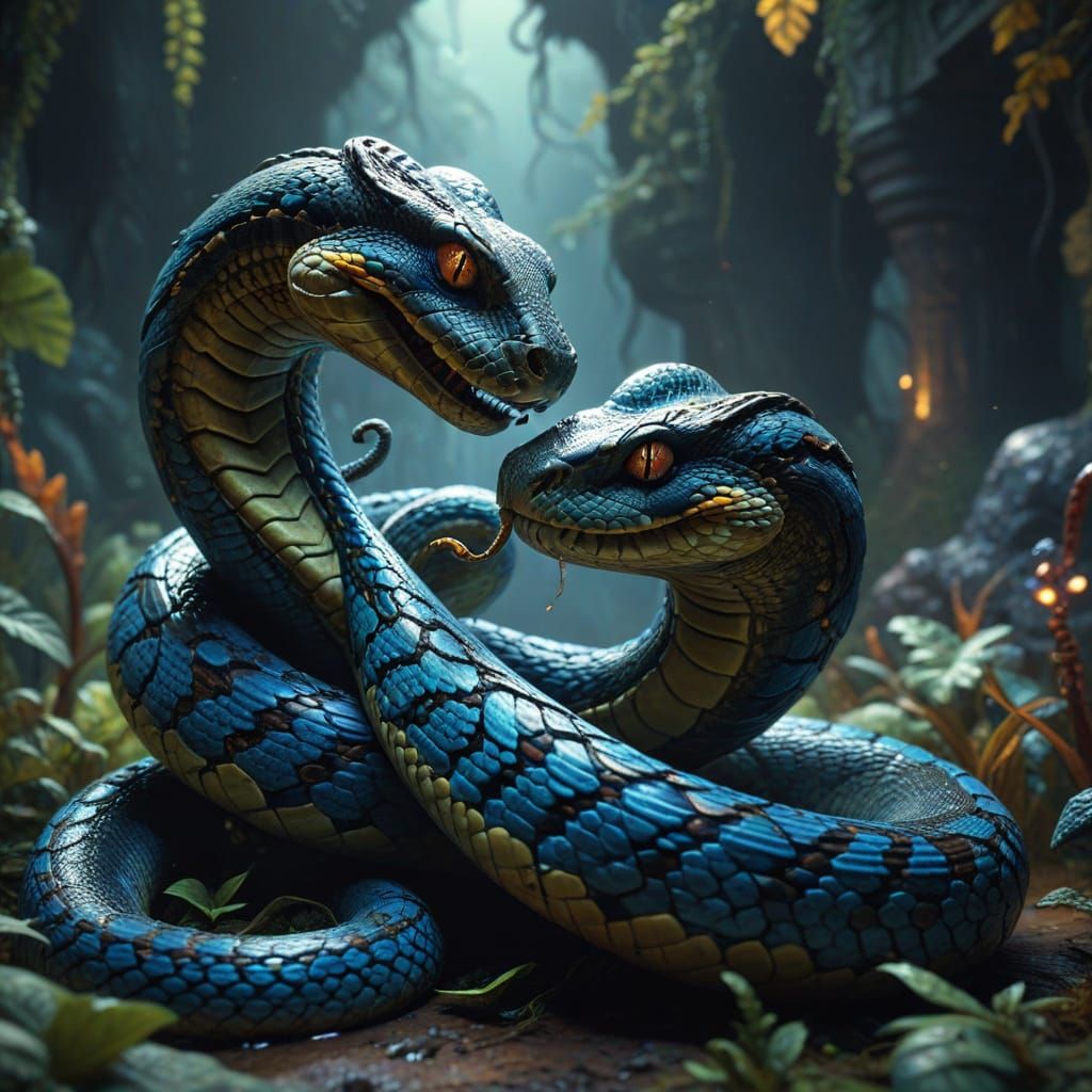 Mouse and Snake Kissing in Detailed Fantasy Art