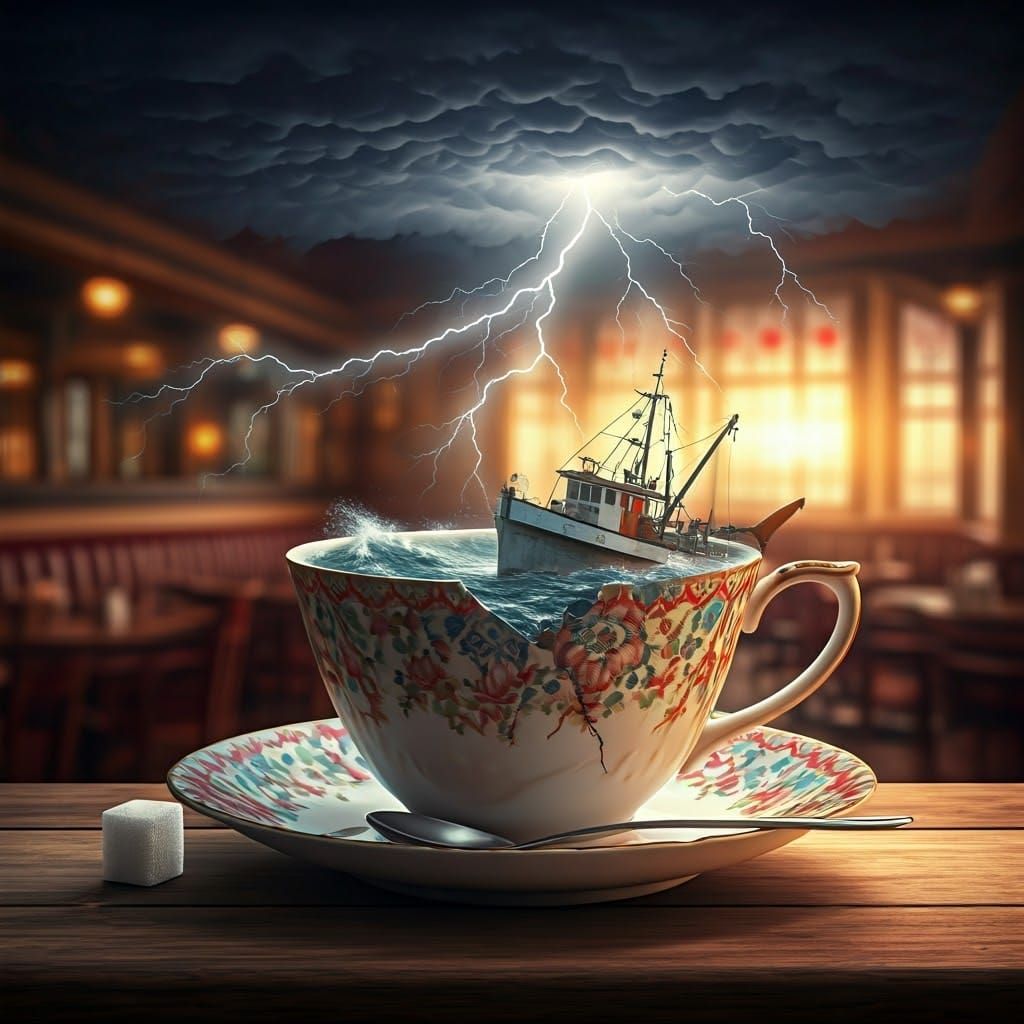 Stormy Teacup: 3D Art with Shark and Boat