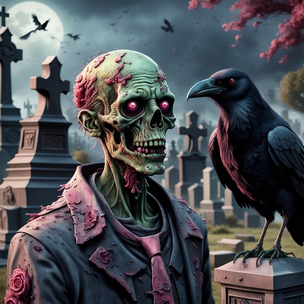 Zombie Portrait With Crow In Graveyard Matte Painting