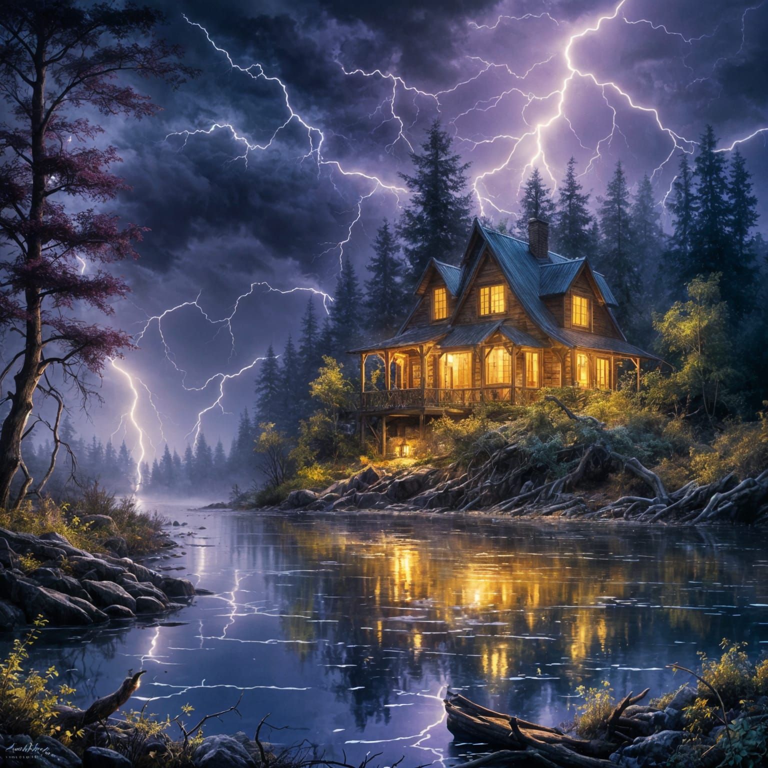 Moonlit Cottage in Rainy Forest Watercolor