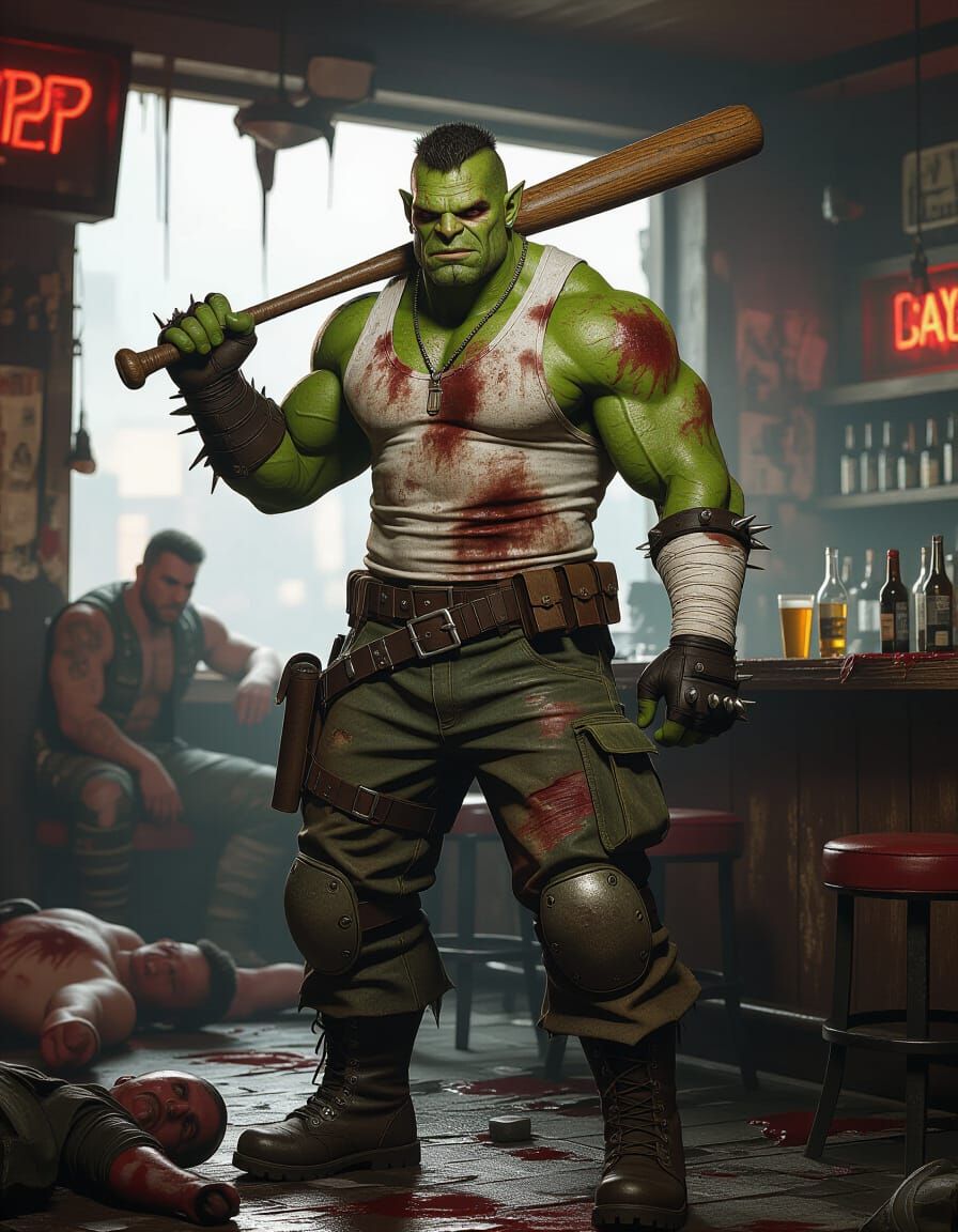 Imposing Half-Orc in Post-Apocalyptic Bar