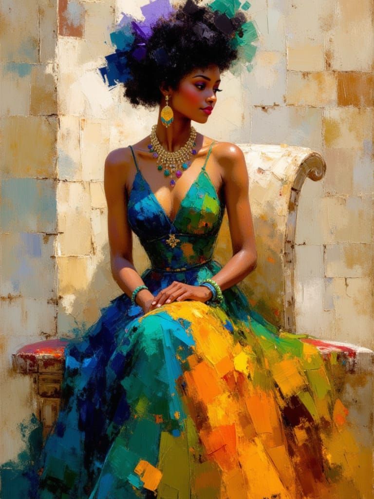 Elegant Woman in Peacock Gown, Artistic Rendering