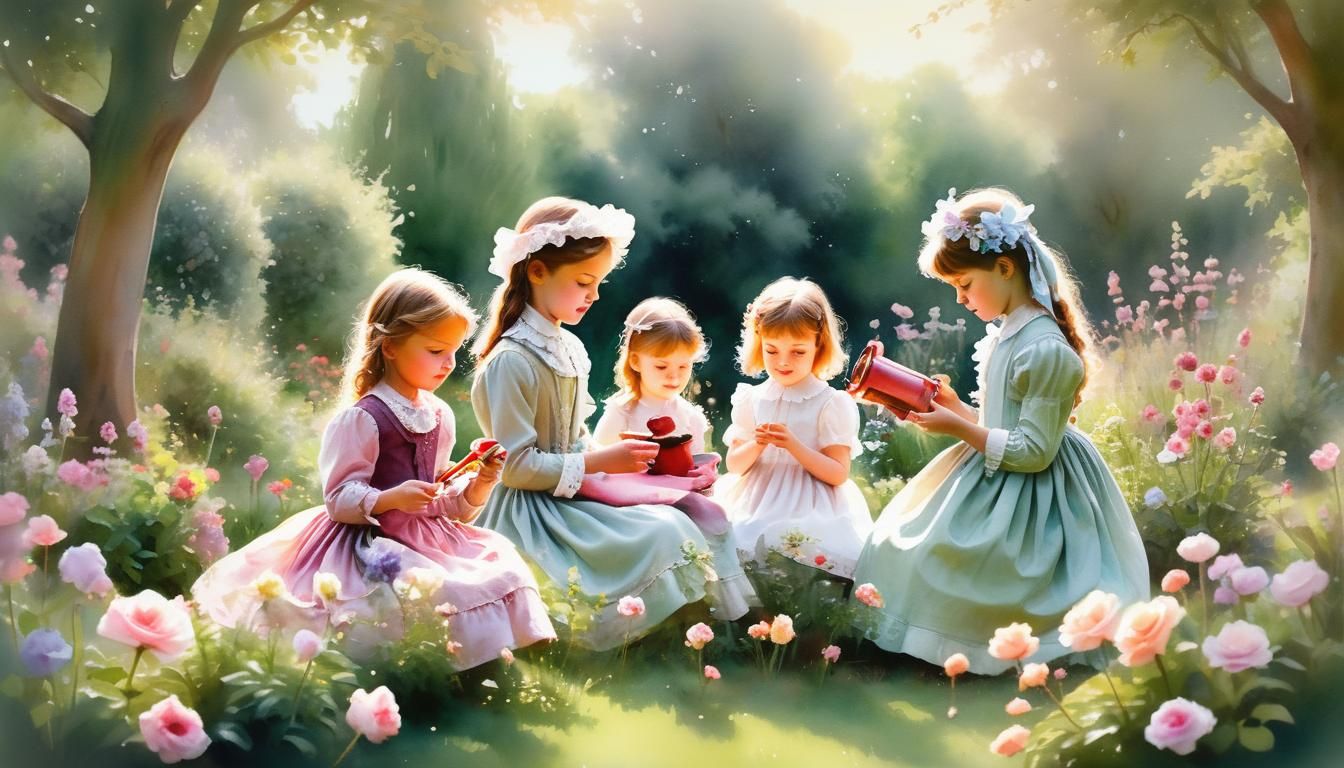 Victorian Children in Garden: Whimsical Watercolour