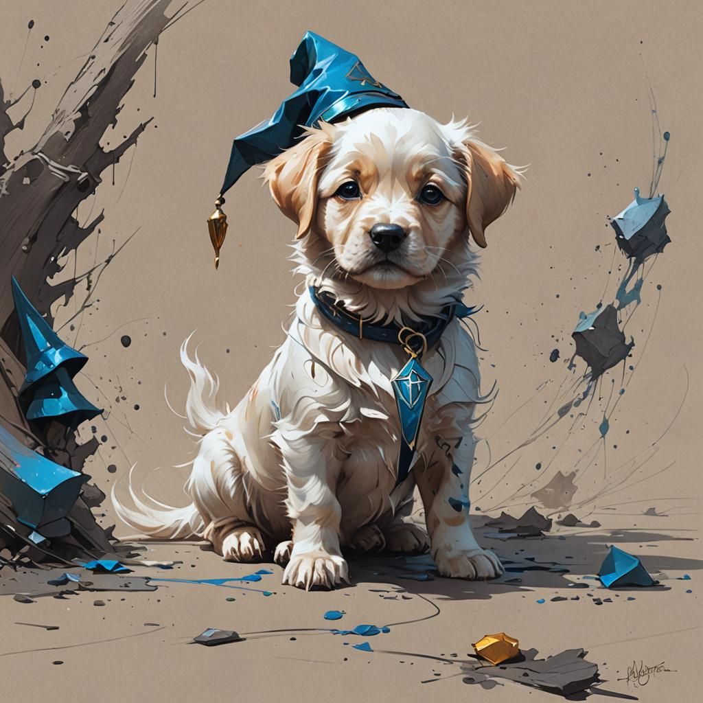 Wizard Puppy Pencil Sketch with Oil Splash