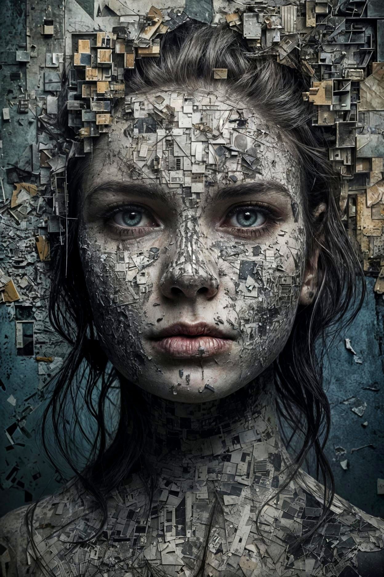 Surreal Fragmented Portrait in Gritty Abstract Style