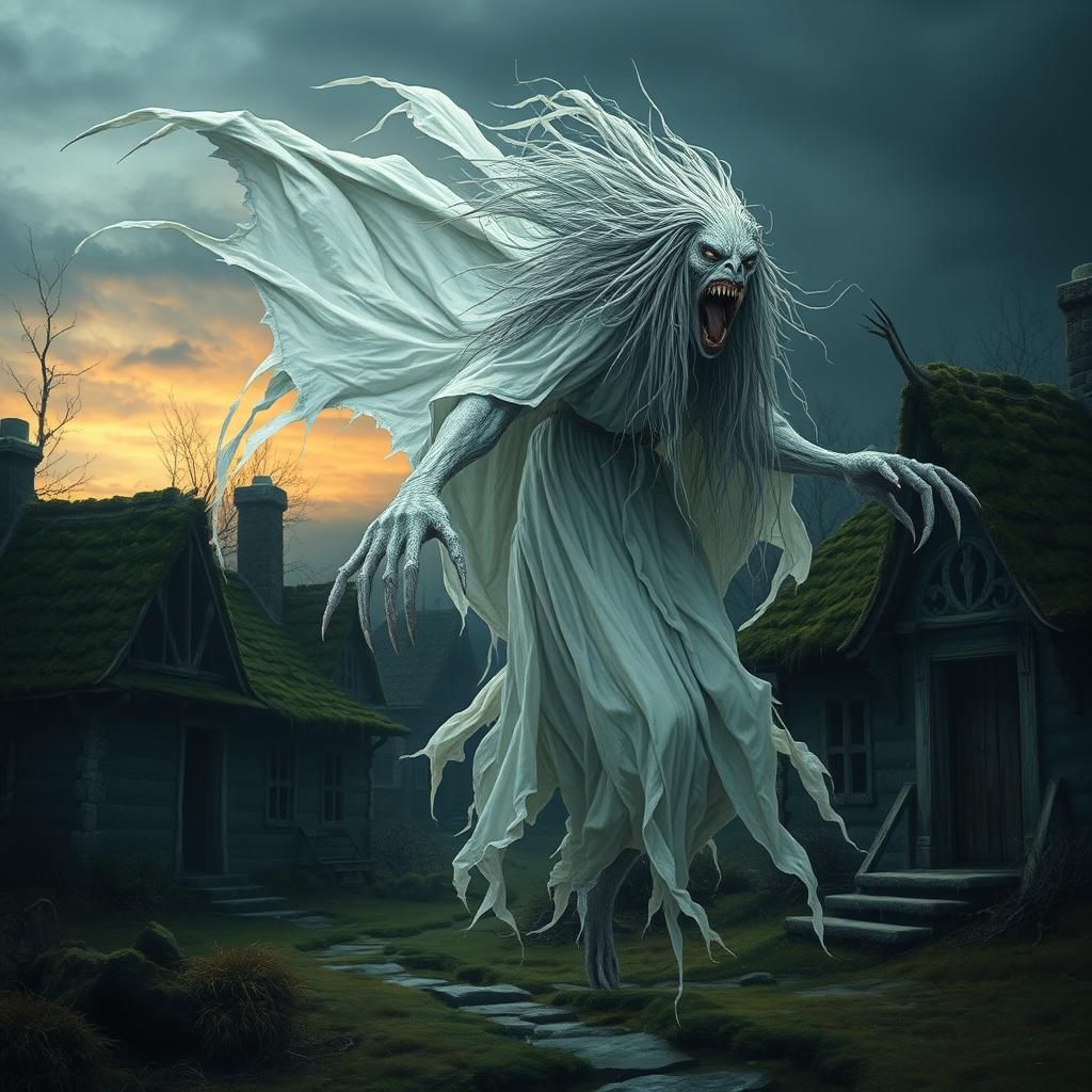 In old pagan village, flying wraith in a long white ethereal...