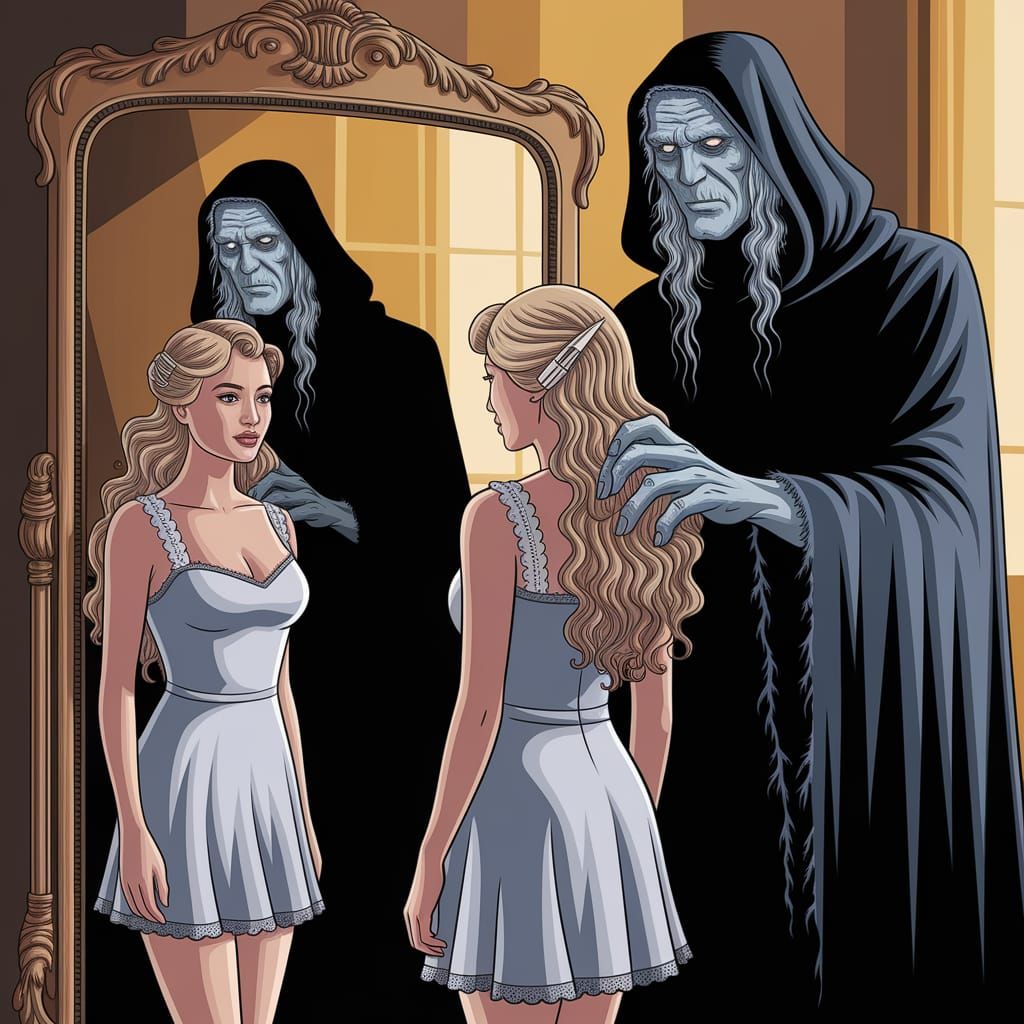 Elegant Woman with Curly Hair, Adorned by Dark, Mysterious F...