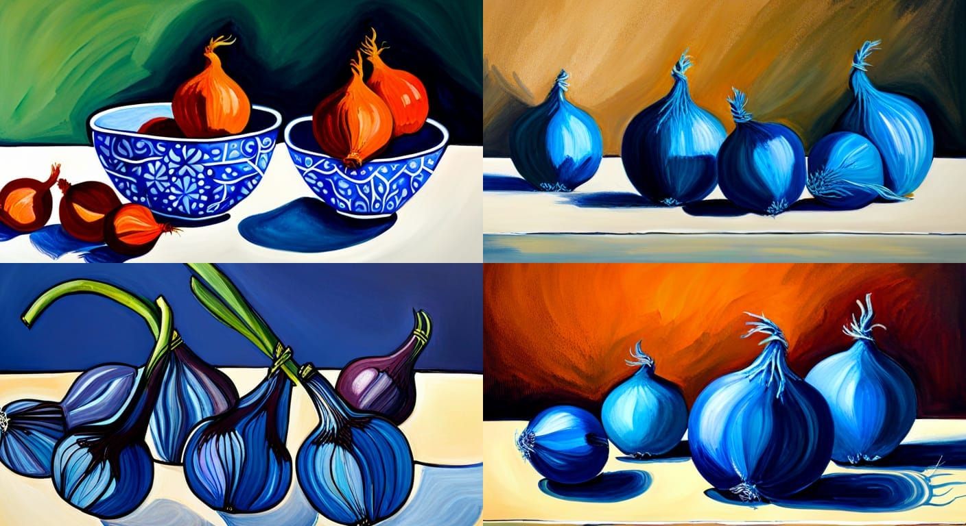 Blue Onions in Fruit Bowl: Acrylic Painting