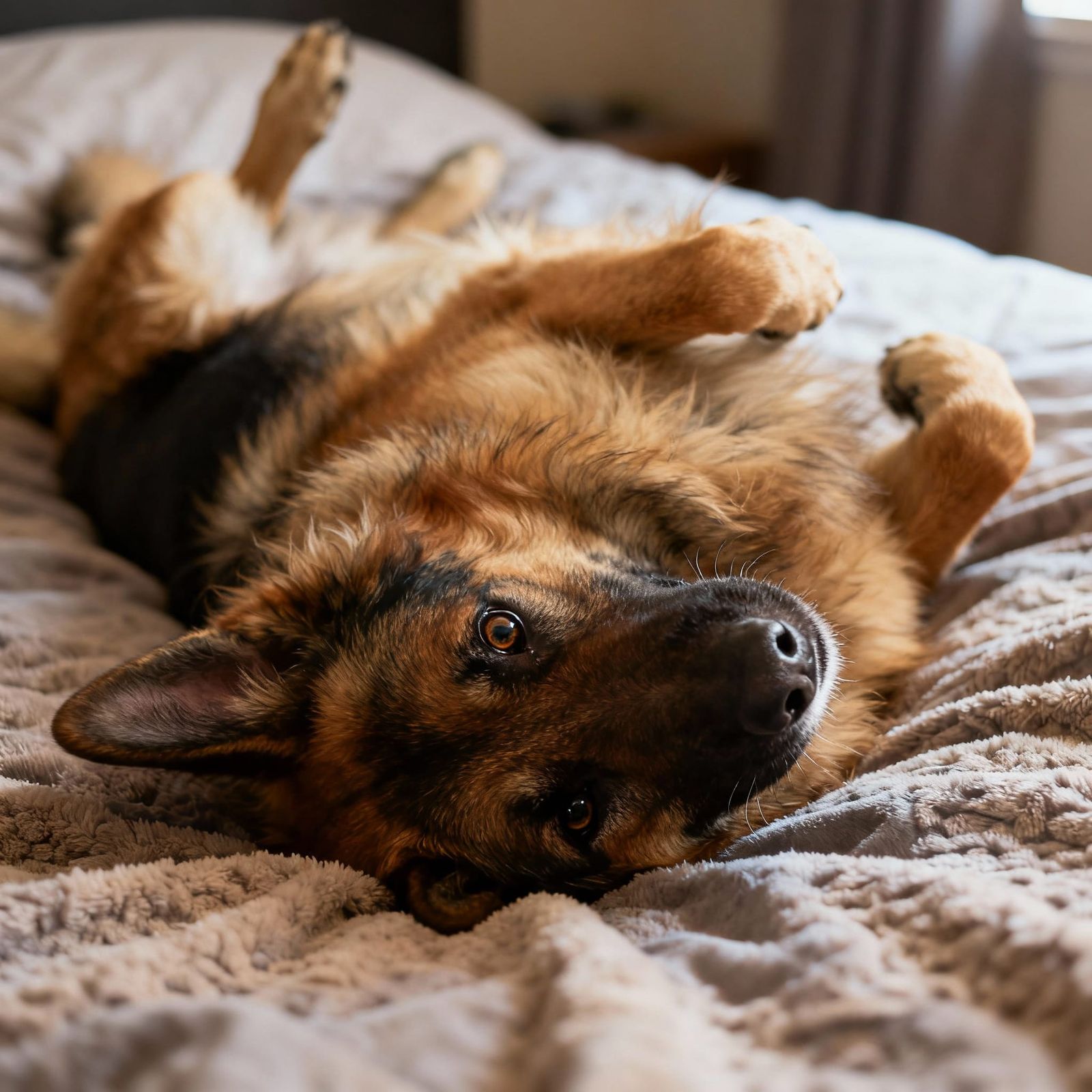 Fluffy German Shepherd Lounging on Bed, Eye Contact