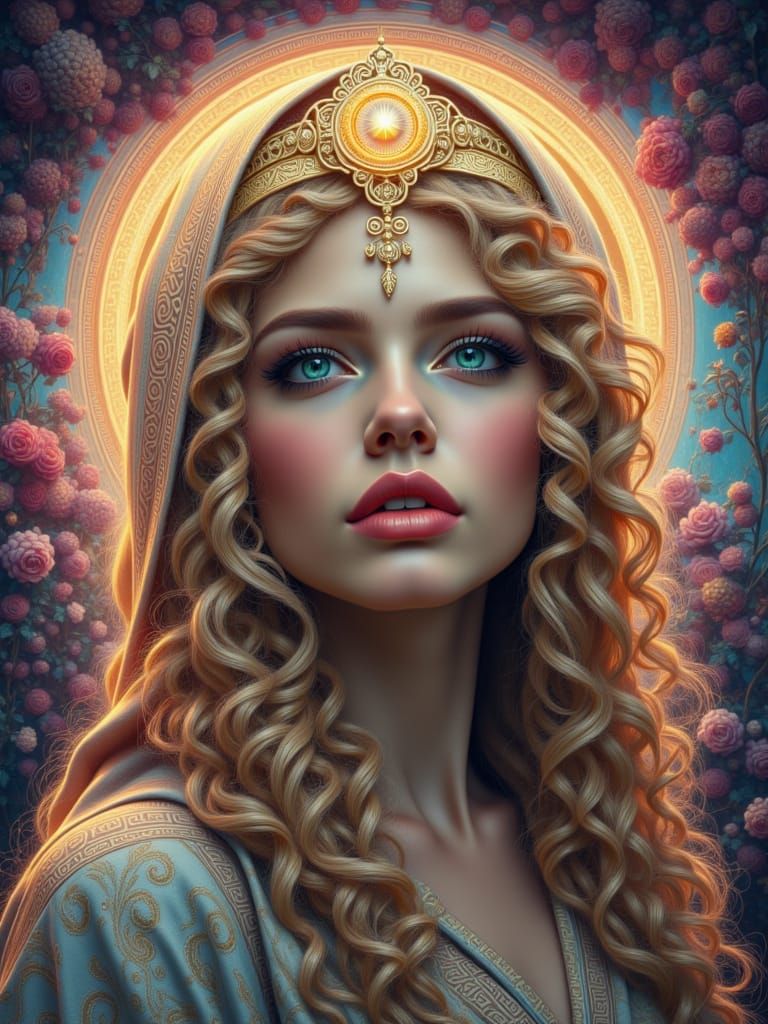 Celestial Woman Portrait with Ornate Art Nouveau Patterns