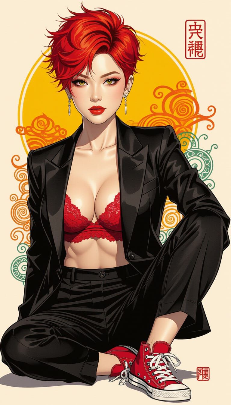 East Asian Woman in Tuxedo with Red Accents