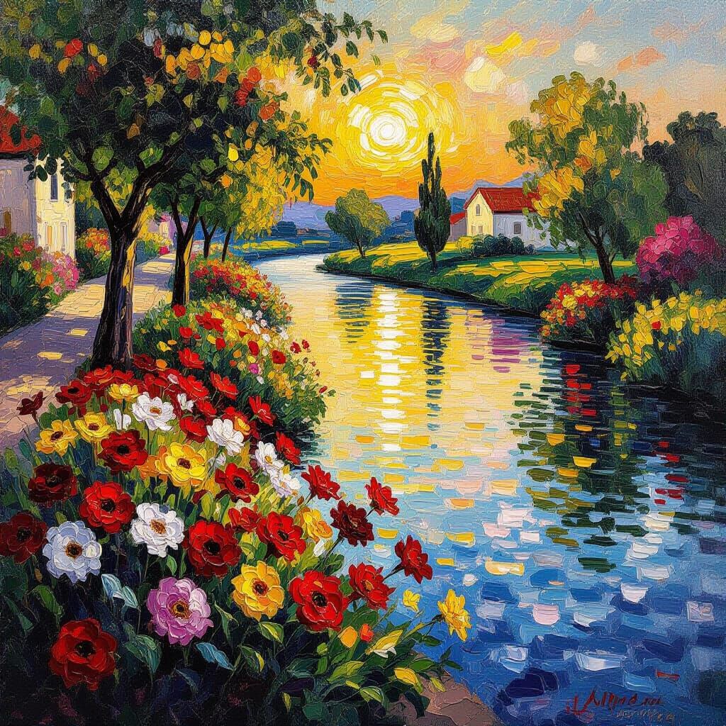 Vibrant River Garden Impasto Oil Painting at Golden Hour