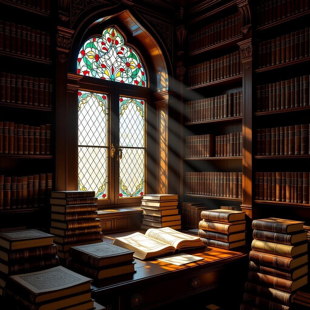 Ancient Islamic Library Illuminated by Warm Light