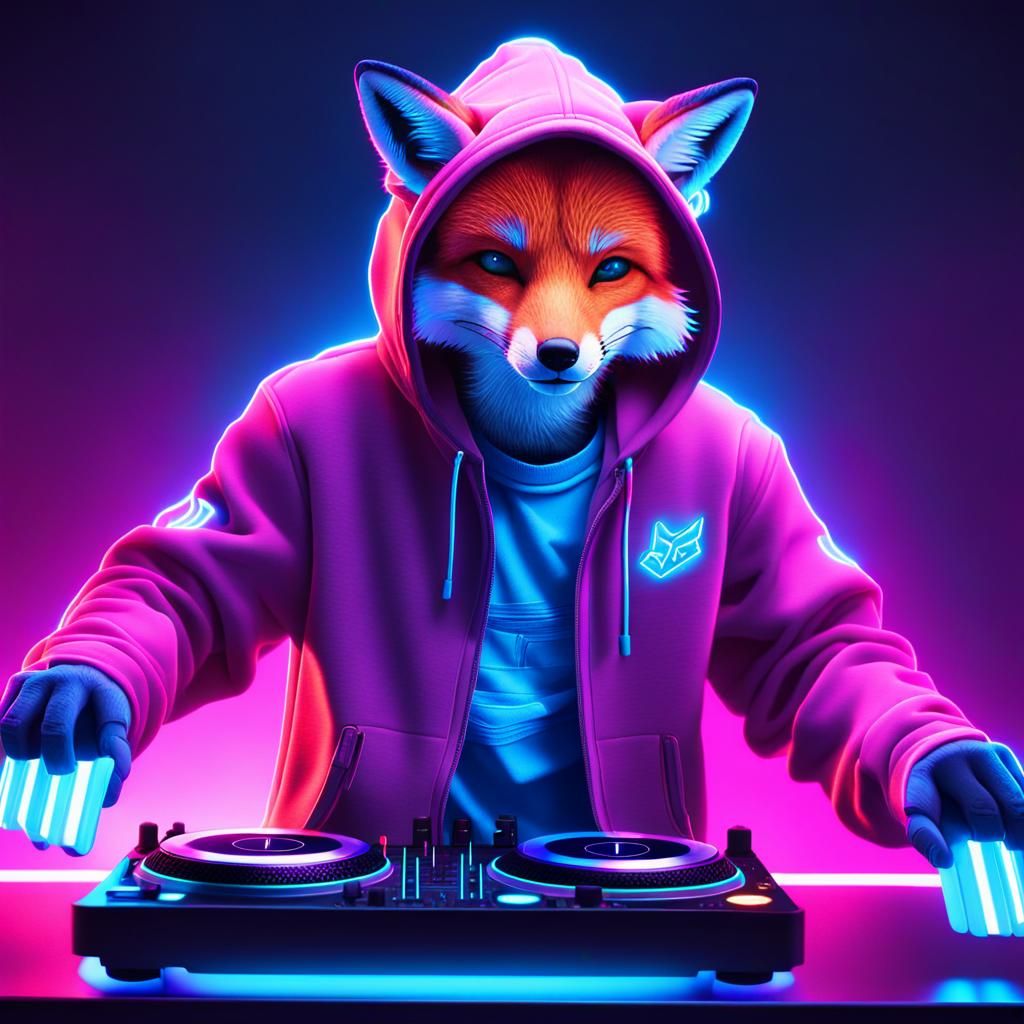 Fox DJing with Neon Lights in Digital Art Style