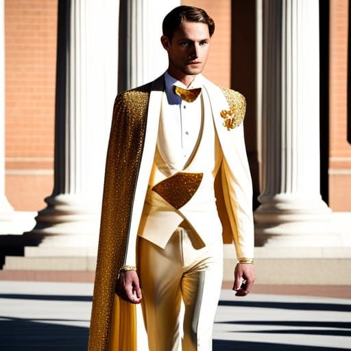 Flamboyant Gold Couture Groom's Suit with Cape