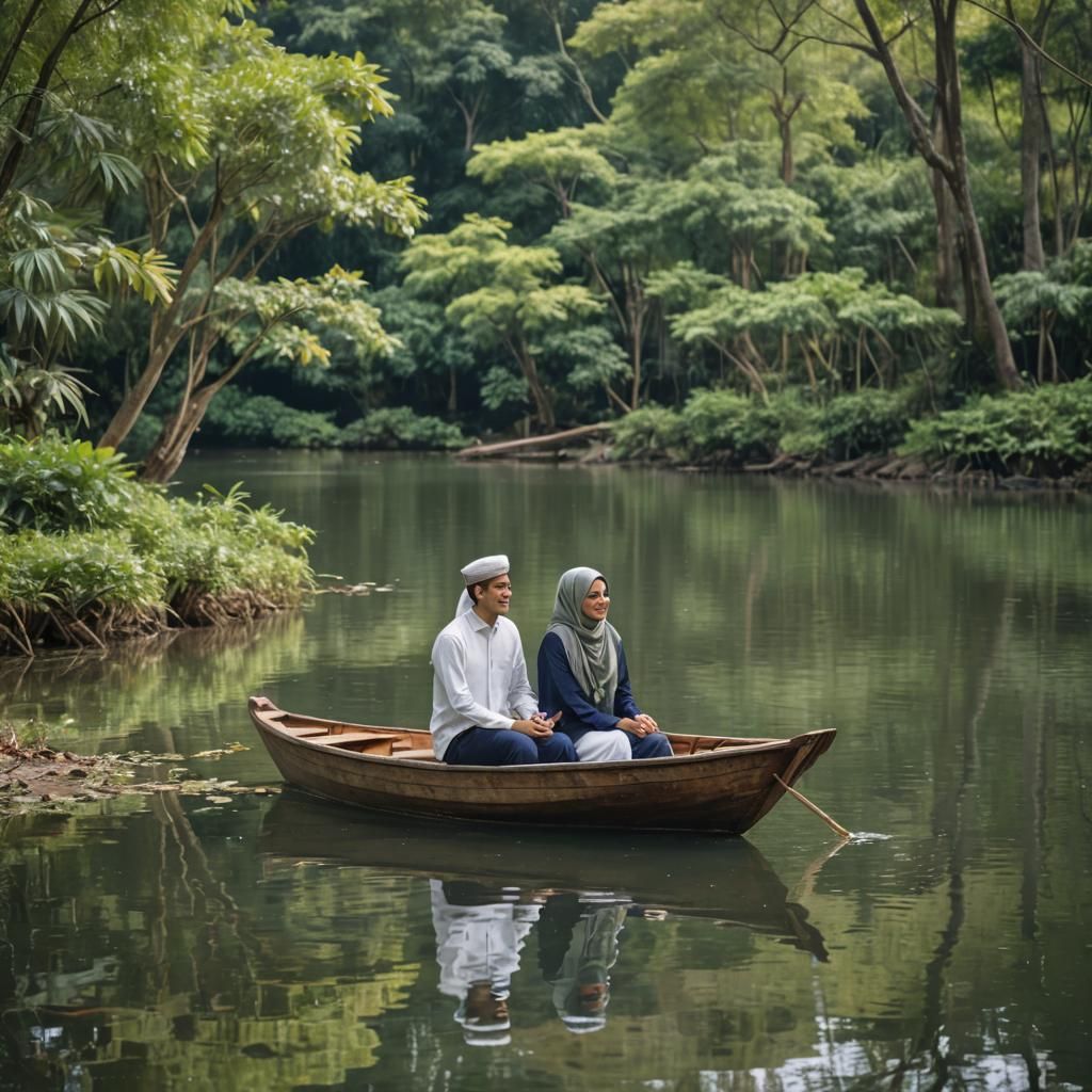 Serene Lakeside Scene of Indonesian Couple in Boat
