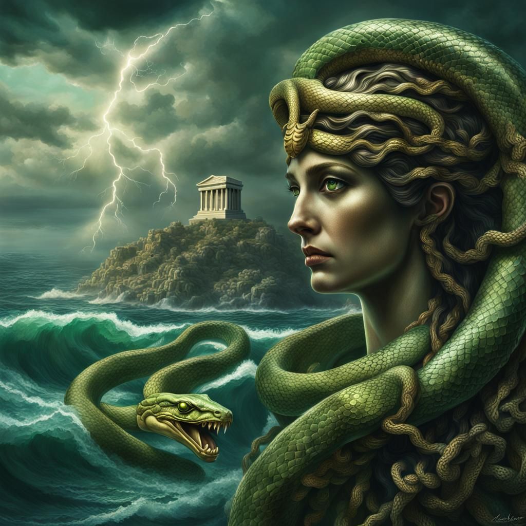 Hyperrealistic Medusa Goddess in a Stormy Sea
